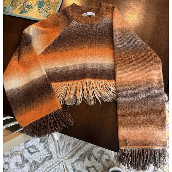 ZARA Boho Cropped Fringe Striped Pull Over Knit Sweater Brown Orange Size Small - Picture 5 of 10
